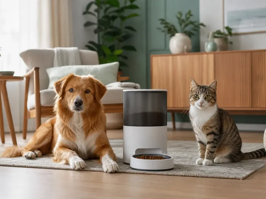 Junger und älterer Hund sowie Katze an getrennten Futterplätzen als Symbol für altersgerechte Fütterungszeiten