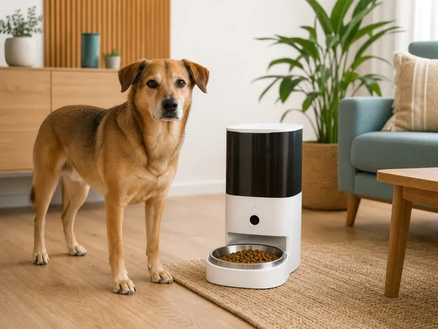 Hund neben einem automatischen Futterspender