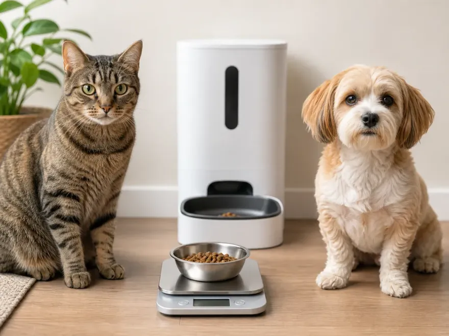 Abgewogene Tagesration aus Nass- und Trockenfutter für eine Katze