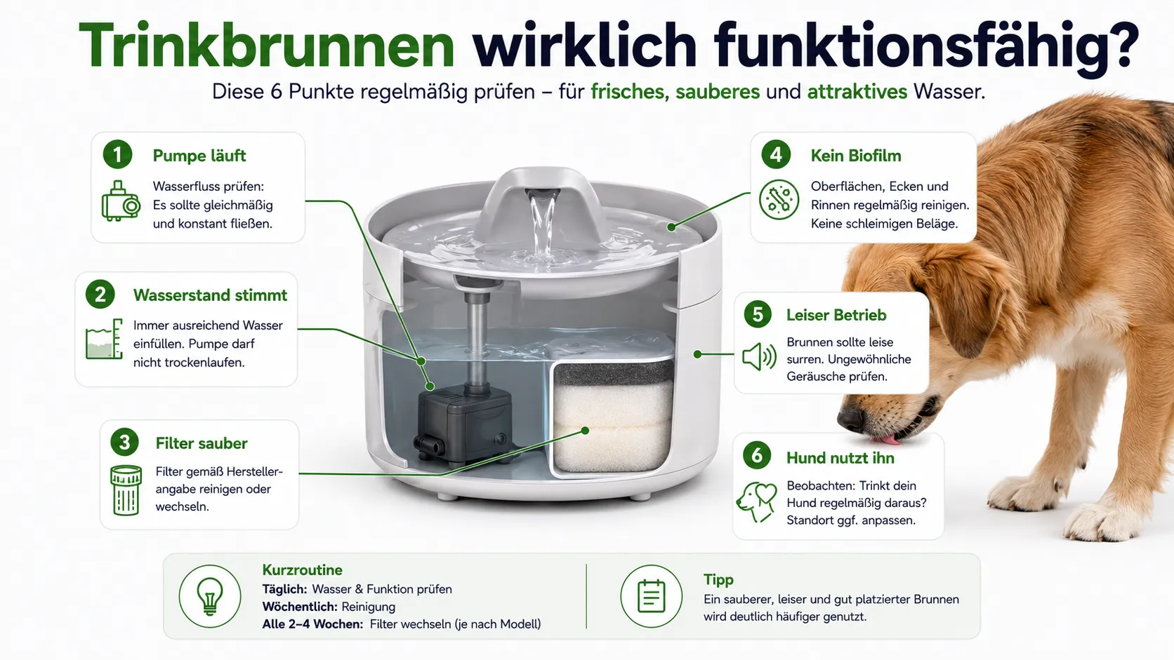 Kontrollpunkte für einen Hundetrinkbrunnen