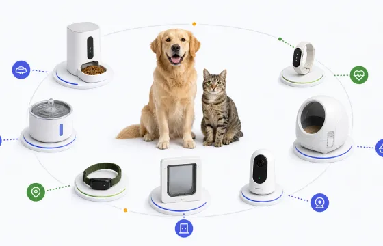 Hund und Katze im Zentrum eines Systems aus Futterautomat, Trinkbrunnen, GPS-Tracker, Katzenklappe, Kamera, Katzentoilette und Gesundheits-Tracker