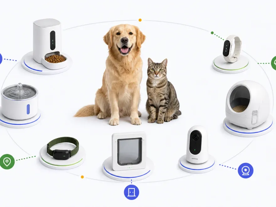 Hund und Katze im Zentrum eines Systems aus Futterautomat, Trinkbrunnen, GPS-Tracker, Katzenklappe, Kamera, Katzentoilette und Gesundheits-Tracker