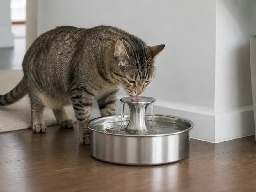 Katze trinkt aus einem leicht zerlegbaren filterlosen Trinkbrunnen