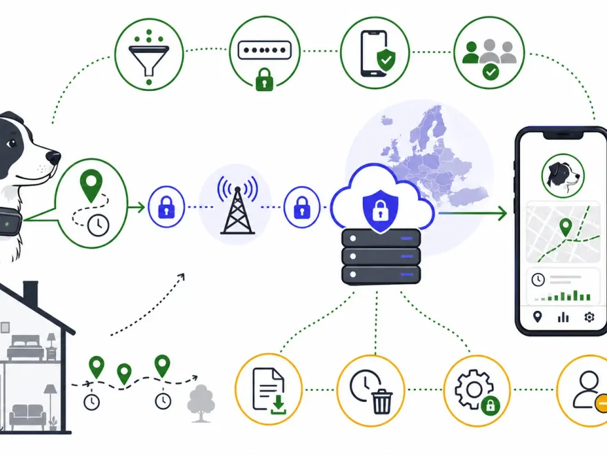 Verschlüsselter Standortdatenfluss vom Haustiertracker über EU-Server zur geschützten App