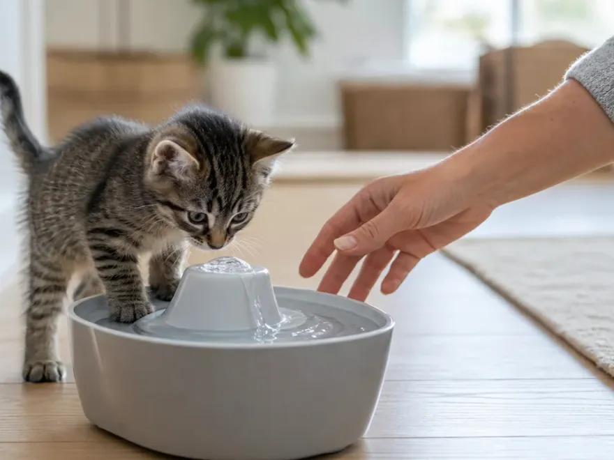 Kitten erkundet unter Aufsicht einen standsicheren flachen Trinkbrunnen