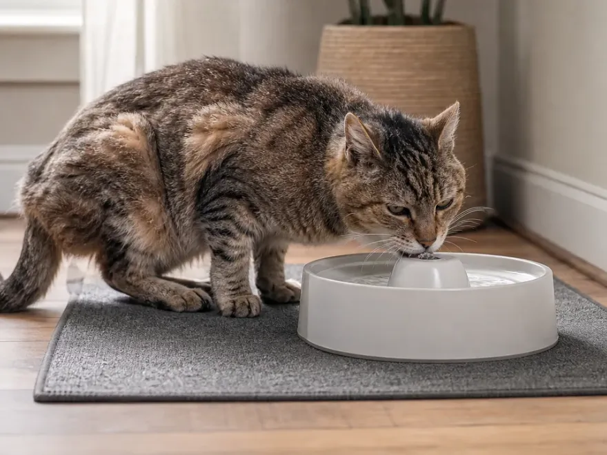 Ältere Katze trinkt bequem aus einem niedrig zugänglichen Trinkbrunnen