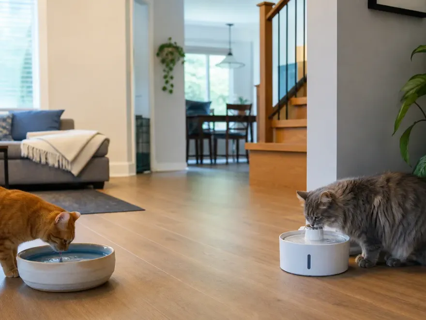 Zwei Katzen mit räumlich getrennten Wasserstellen in einer Wohnung