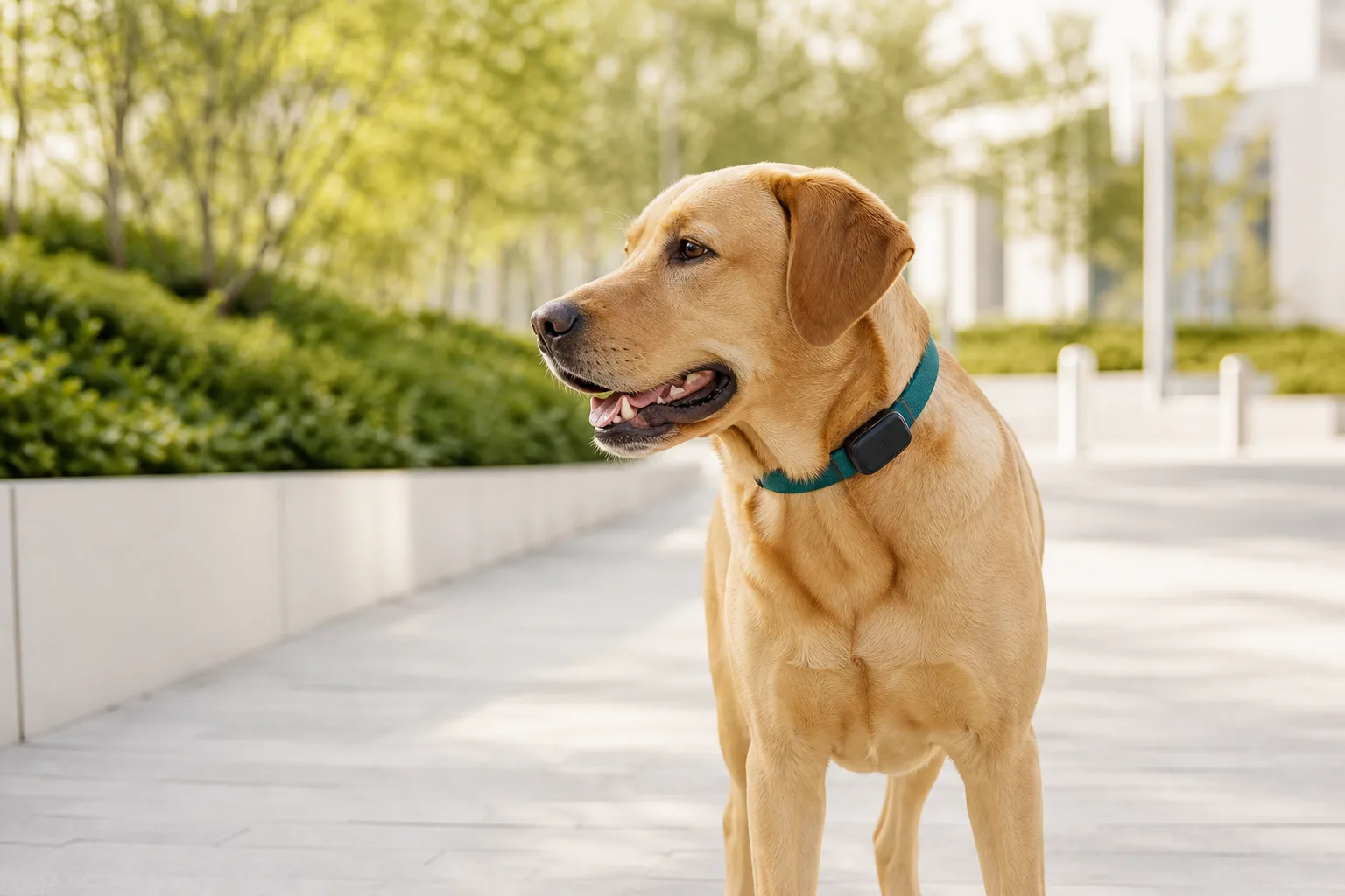 Hund mit kompaktem GPS-Tracker am Halsband