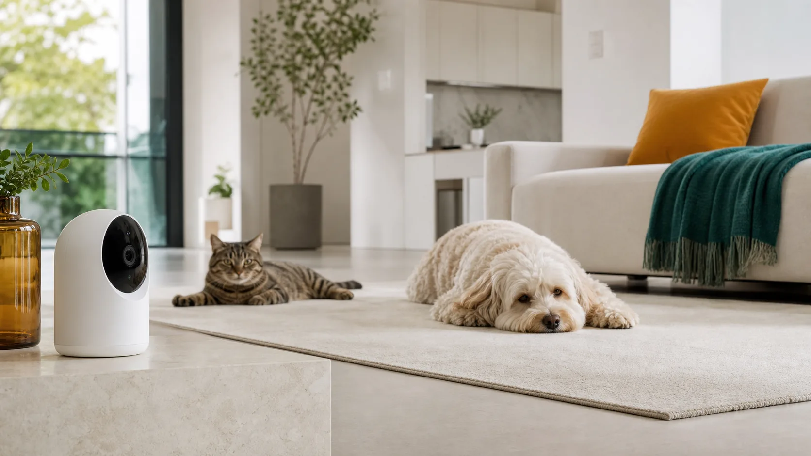 Haustierkamera mit Hund und Katze in einem modernen Wohnzimmer