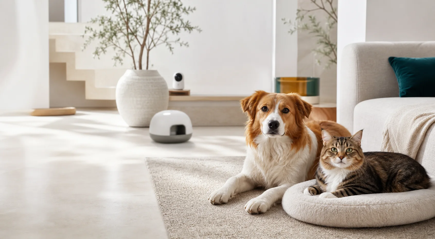 Hund und Katze in einem hellen Zuhause mit smarten Haustier-Geräten