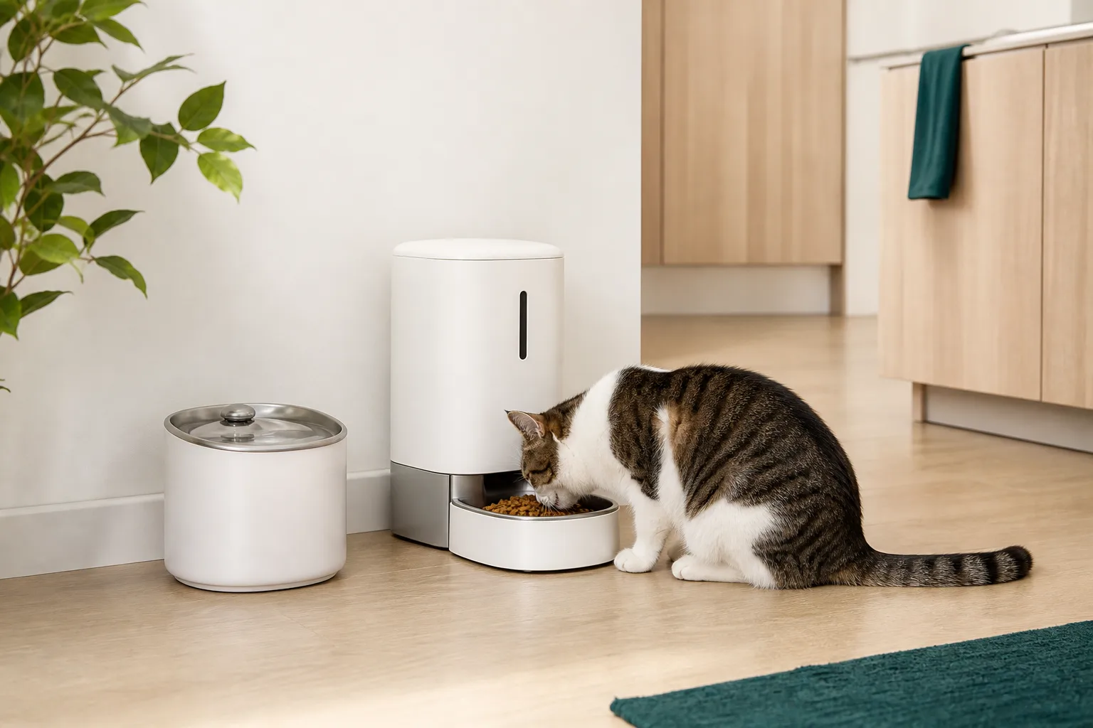 Katze an einem automatischen Futterspender und Trinkbrunnen